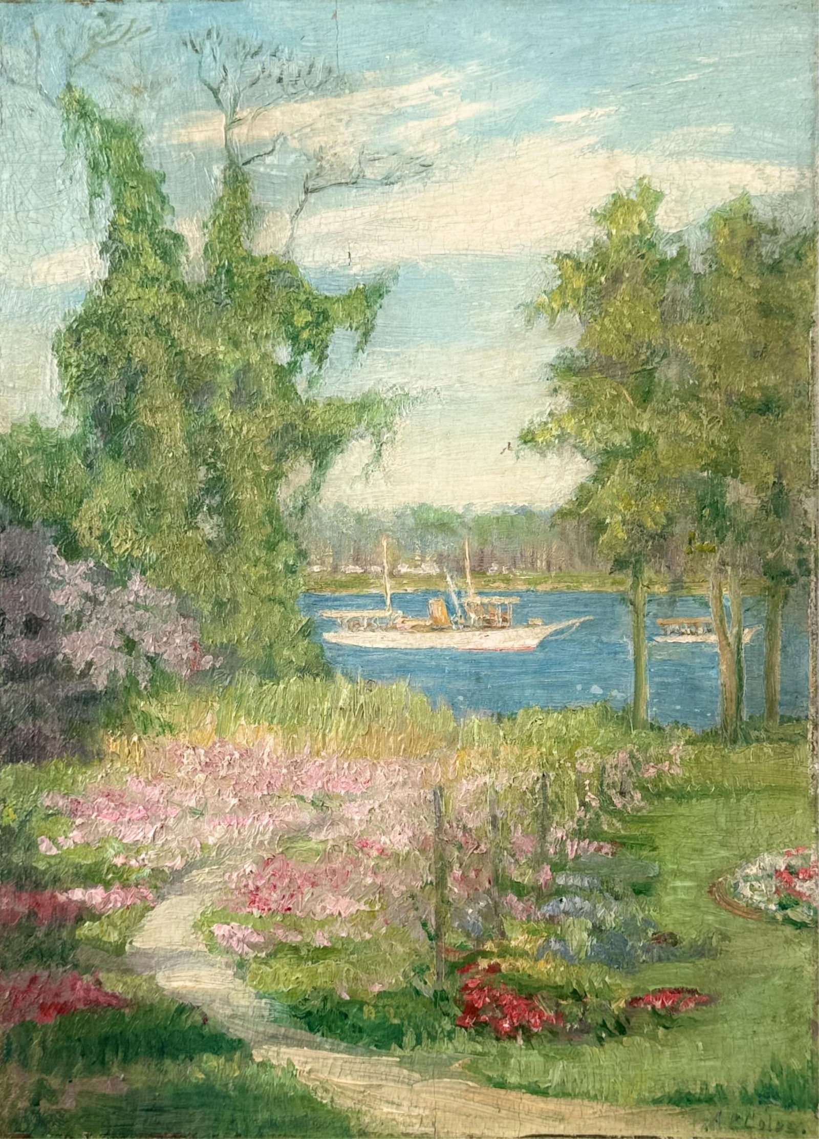 AMERICAN SCHOOL (20th Century,), Steam yacht on a river., Oil on board, 13" x 9.25". Unframed. (1 of 4)