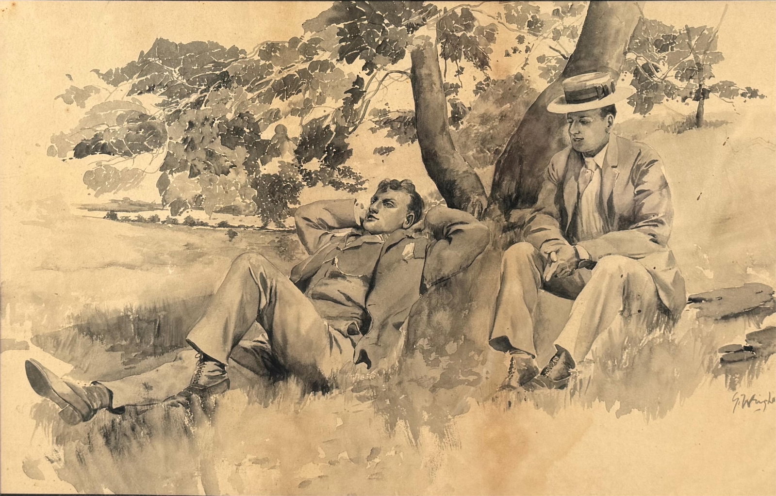 GEORGE MATHEWS HARDING (Pennsylvania, 1882-1959), Illustration with two men relaxing in the shade of: GEORGE MATHEWS HARDING Pennsylvania, 1882-1959 Illustration with two men relaxing in the shade of a tree. Signed lower right "G. W[...]ler". Watercolor, 15" x 24" sight. Framed 24" x 33.5".