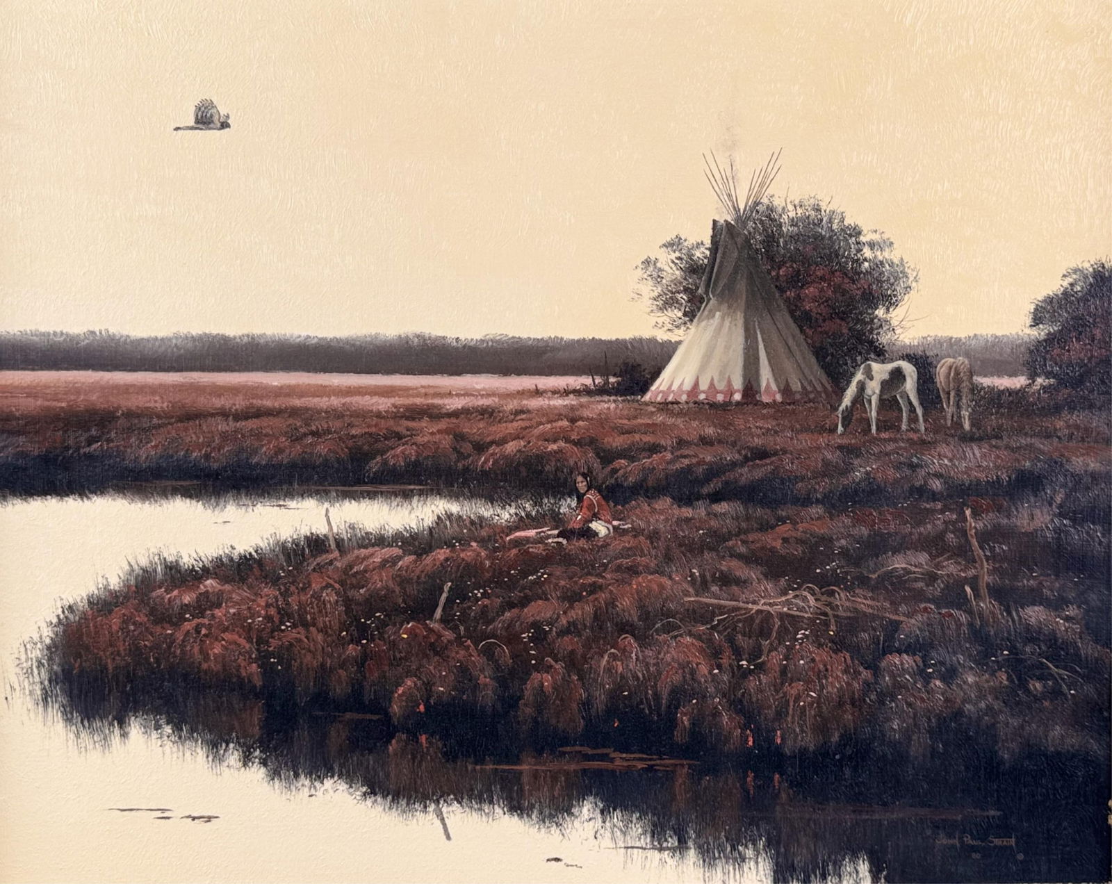 JOHN PAUL STRAIN (Texas, 1955-), Indian camp., Oil on board, 16" x 20". Framed 21" x 25". (1 of 6)