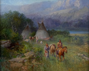 ATTRIBUTED TO VICTOR CASENELLI (Michigan/Ohio, 1868-1961), "Indian Encampment"., Oil on board, 12" x