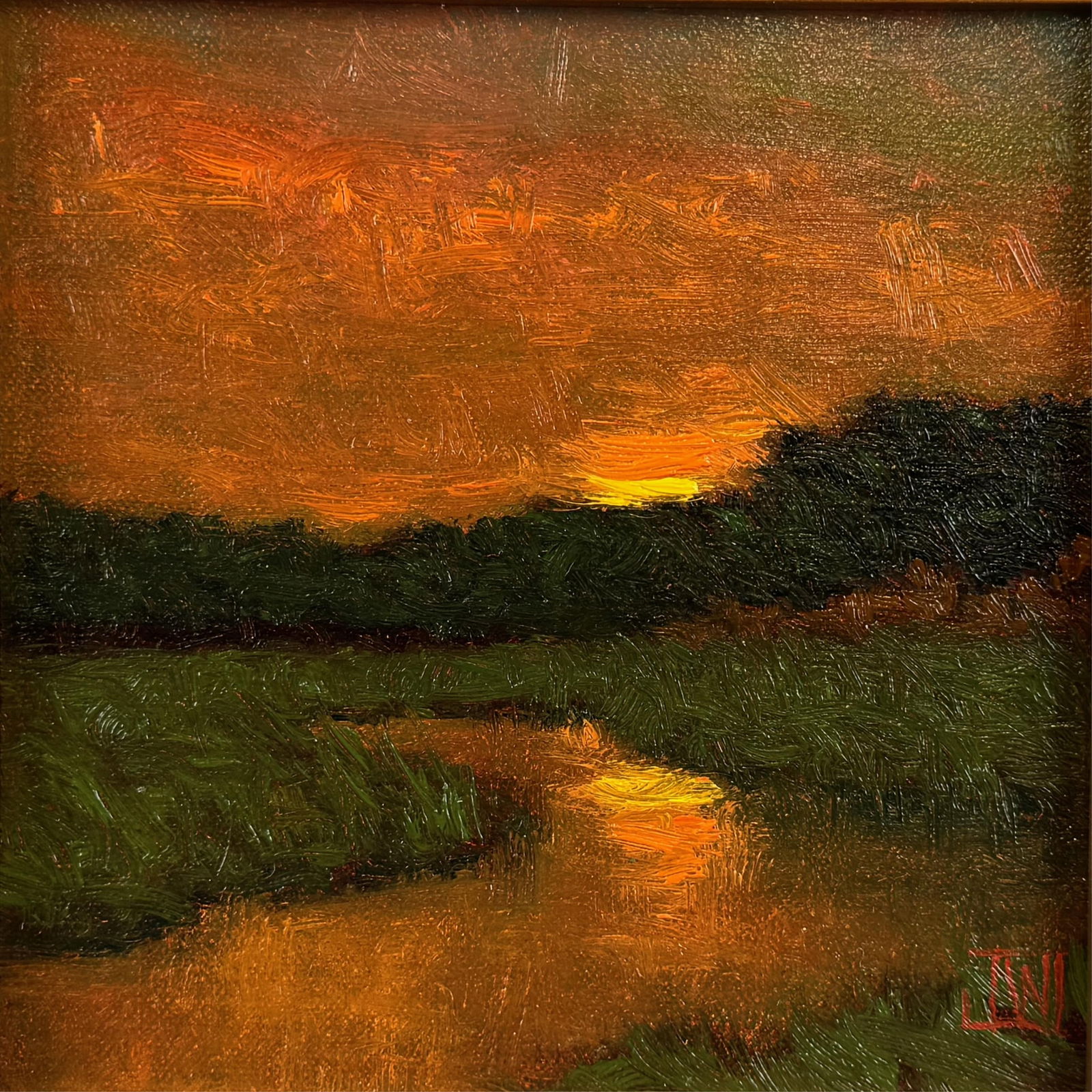 JOE WOJDAKOWSKI (Maine, 1972-), Marsh at dusk., Oil on board, 6" x 6". Framed 8" x 8". (1 of 3)