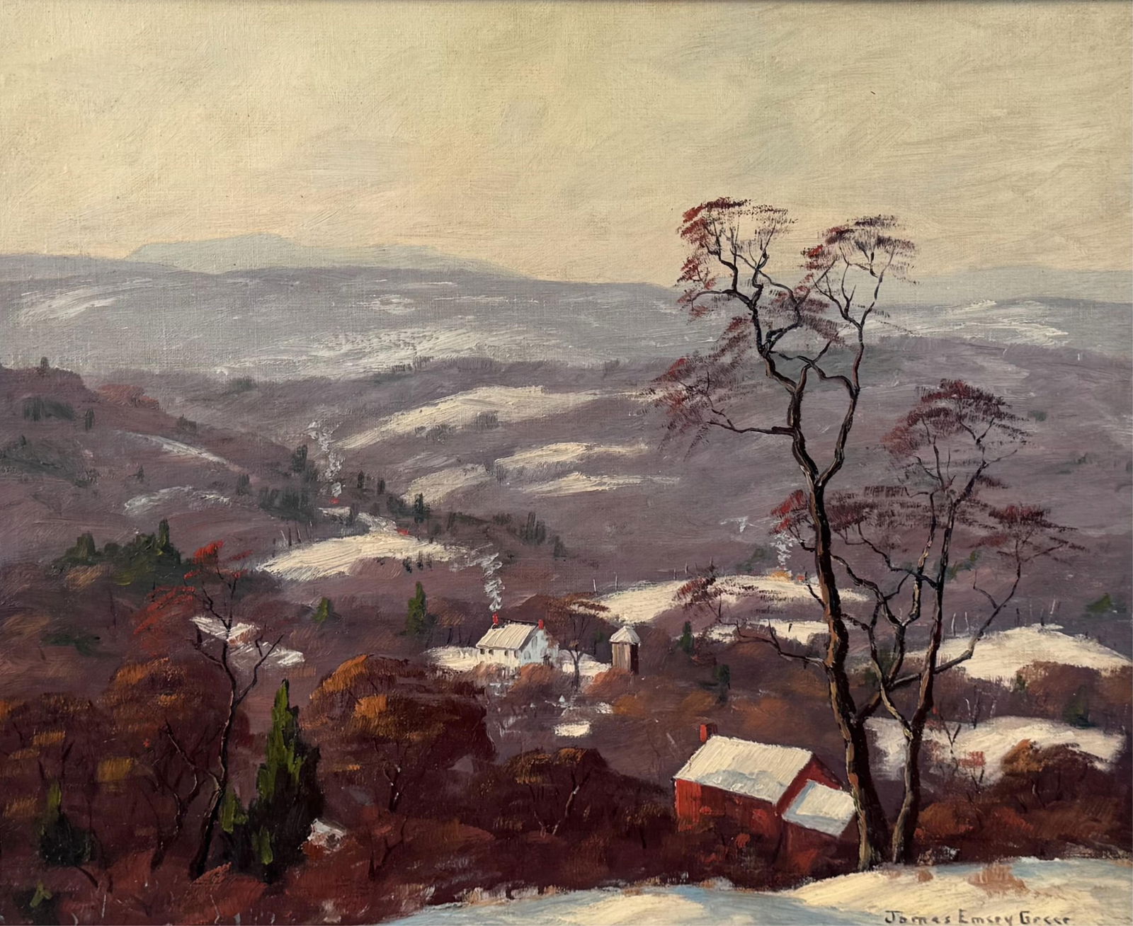 JAMES EMERY GREEN (Rhode Island/Colorado, -1948), Winter farm scene., Oil on canvas board, 16" x (1 of 6)