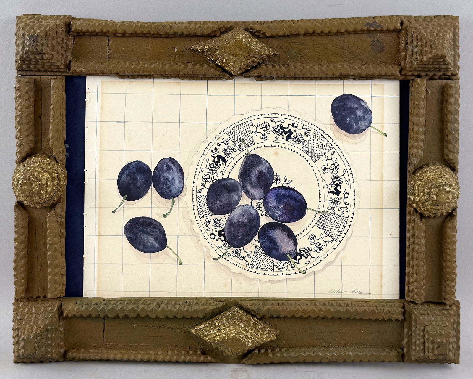 ALETHA JONES (Ohio, Contemporary), Plums on a plate., Watercolor on paper, 8" x 11.5". Framed 12" x (1 of 4)