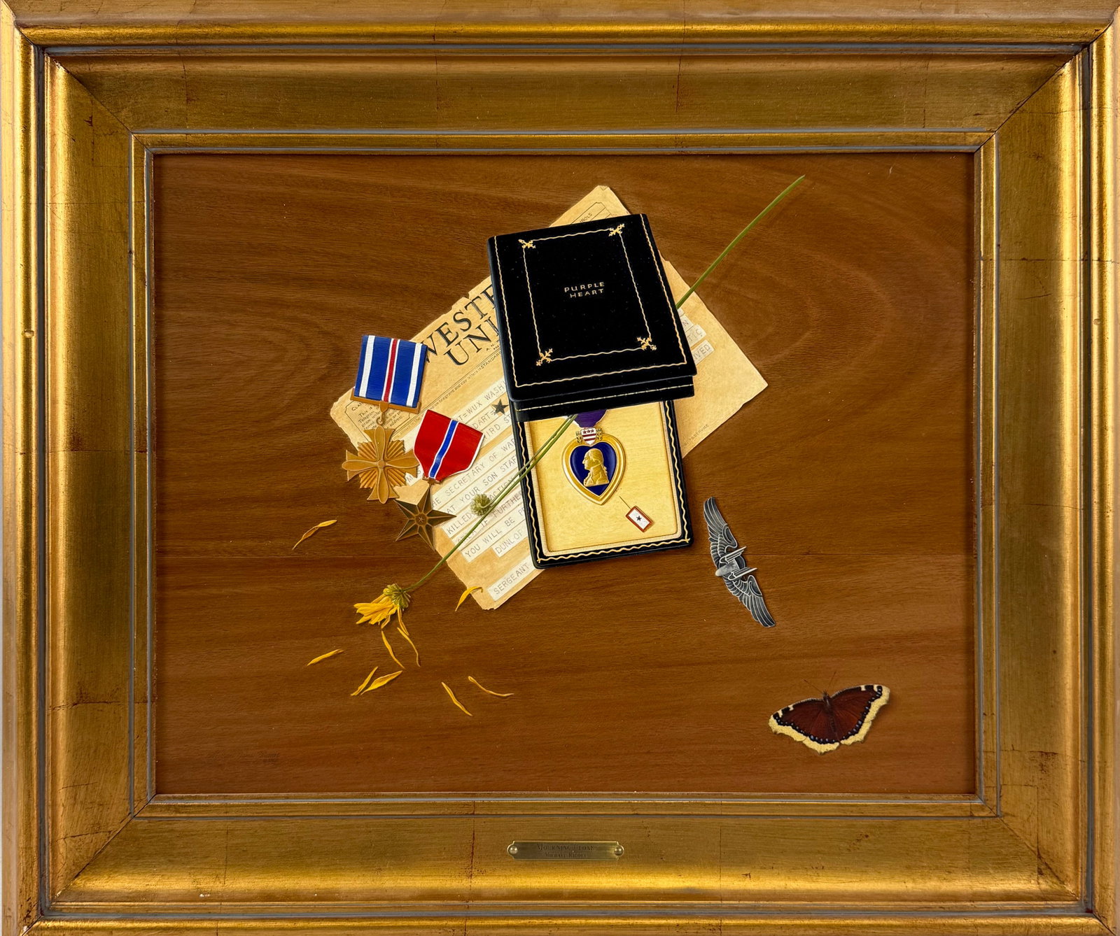 MICHAEL JAMES RIDDET (Wisconsin/Illinois, 1947-), Trompe-l'oeil "Mourning Cloak"., Acrylic on panel,: MICHAEL JAMES RIDDET Wisconsin/Illinois, 1947- Trompe-l'oeil "Mourning Cloak". Signed lower left "Michael J. Riddet MMIII". Titled verso. Acrylic on panel, 14" x 18". Framed 21" x 24.5".