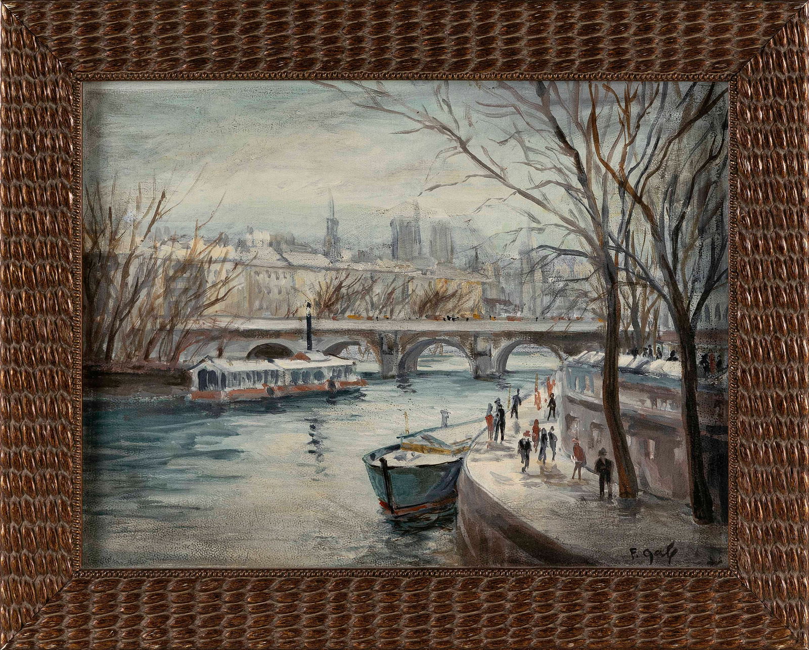 AMERICAN SCHOOL (20th Century,), Urban river scene., Oil on board, 12" x 16". Framed 15.5" x 19.5". (1 of 2)