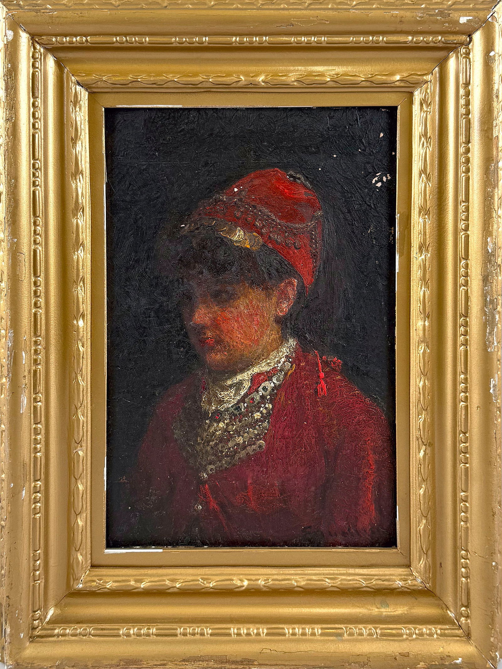 JOHN JOSEPH ENNEKING (Massachusetts/New York/Maine/Ohio, 1841-1916), Gypsy girl in red., Oil on: JOHN JOSEPH ENNEKINGMassachusetts/New York/Maine/Ohio, 1841-1916Gypsy girl in red. Signed lower right "Enneking".Oil on board, 12" x 8.5". Framed 17.5" x 13.5".
