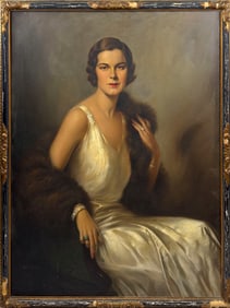 MAXIMILIAN RASKO (1883-1961,), Portrait of a woman wearing a white dress and fur stole., Oil