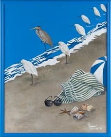 DEBBIE HUMMEL-MARCONI (California, Contemporary), Whimsical shore scene with birds, towel and