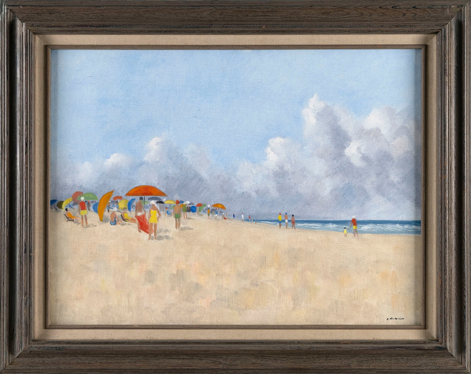 GAY DICKERSON (Massachusetts, 20th Century), "By the Sea - June"., Oil on canvas board, 18" x 24".: GAY DICKERSON Massachusetts, 20th Century "By the Sea - June". Signed lower right "G. Dickerson". Oil on canvas board, 18" x 24". Framed 23.5" x 29.5".