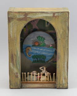 MICHAEL A. GIAQUINTO (Massachusetts, Contemporary), "At the Beach"., Mixed media, 11" x 8.5" x 4".: MICHAEL A. GIAQUINTOMassachusetts, Contemporary"At the Beach". Diorama of a bathing beauty seated on shells in a tropical setting. Signed, titled and dated "2001 Cape Cod" verso.Mixed media, 11" x 8.5