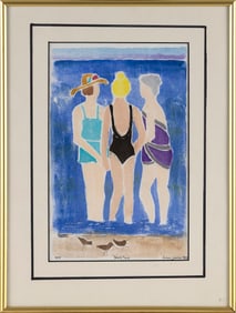 DIANE JOHNSON (Massachusetts, 1935-), "Beach Trio"., White-line color print on paper, 11" x 7"