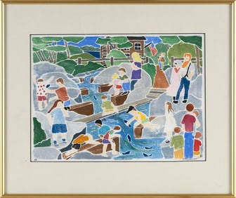 DIANE JOHNSON (Massachusetts, 1935-), "Herring Run, Brewster"., White-line color woodblock print,