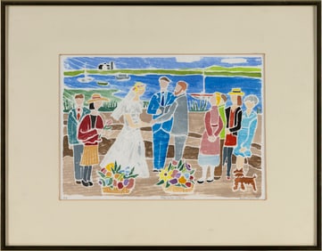 DIANE JOHNSON (Massachusetts, 1935-), "Stage Harbor Wedding"., White-line color woodblock print,