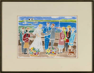 DIANE JOHNSON (Massachusetts, 1935-), "Stage Harbor Wedding"., White-line color woodblock print,: DIANE JOHNSONMassachusetts, 1935-"Stage Harbor Wedding". Signed and dated "Diane Johnson '93", titled and numbered "#5" lower margin.White-line color woodblock print, 8.25" x 11.5" sight. Framed 14" x