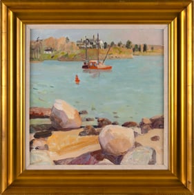 HERB EDWARDS (America, 1940-), Quiet harbor, springtime., Oil on linen, 18" x 18". Framed 26" x 25".