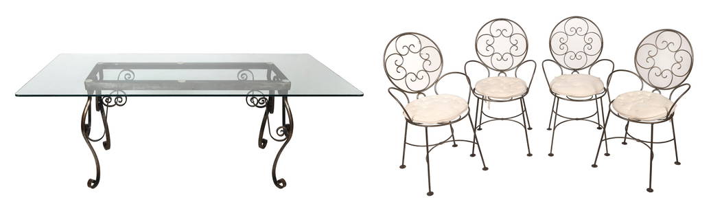 FRENCH WROUGHT IRON FIVE-PIECE DINING SET Early 20th Century Table height 29.5". Length 36". Width: FRENCH WROUGHT IRON FIVE-PIECE DINING SETEarly 20th CenturyGlass-topped table and four armchairs. Table with cabriole legs ending in scrolled feet. With four matching armchairs.Table height 29.5". Len