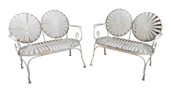 PAIR OF FRENCH METAL GARDEN BENCHES 20th Century Lengths 34".: PAIR OF FRENCH METAL GARDEN BENCHES20th CenturyBacks in a sunburst design.Lengths 34".