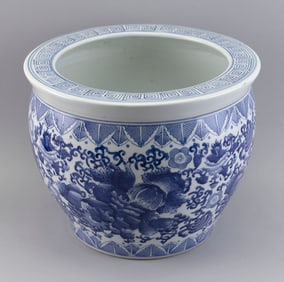 CHINESE BLUE AND WHITE PORCELAIN JARDINIERE Contemporary Height 11". Diameter 13.5".