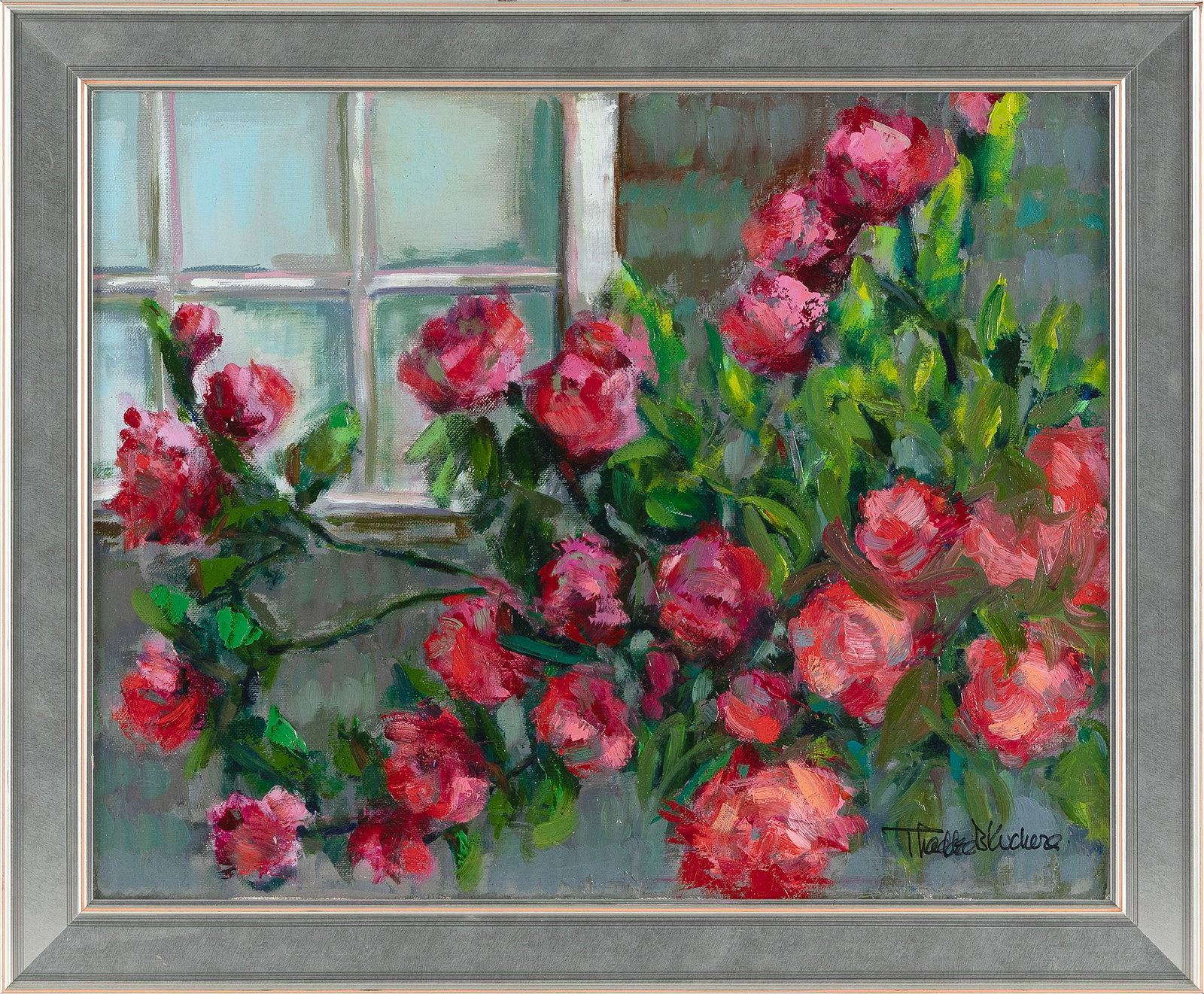 THADDEA BARSH KUCHERA (America, Contemporary), Roses., Oil on canvas, 16" x 20". Framed 19" x 23".: THADDEA BARSH KUCHERA America, Contemporary Roses. Signed lower right "Thaddea B. Kuchera". Oil on canvas, 16" x 20". Framed 19" x 23".