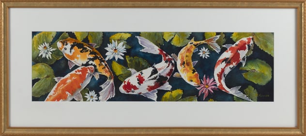 AMERICAN SCHOOL (Late 20th Century,), Koi amongst lily pads., Watercolor on paper, 8" x 29" sight.
