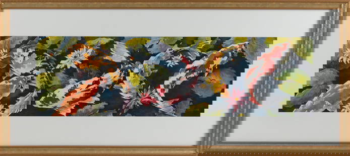 AMERICAN SCHOOL (Late 20th Century,), Koi amongst lily pads., Watercolor on paper, 8" x 29" sight.: AMERICAN SCHOOLLate 20th CenturyKoi amongst lily pads. Signed lower right "M. Munroe".Watercolor on paper, 8" x 29" sight. Framed 16" x 37".