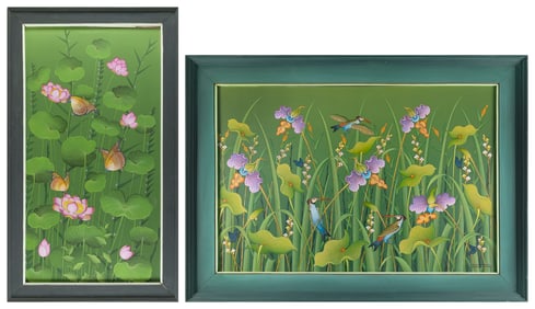 TWO MODERN BOTANICAL PAINTINGS Late 20th Century Framed 54.5" x 32" and 45.5" x 63".