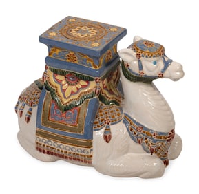 FAMILLE ROSE PORCELAIN CAPARISONED CAMEL GARDEN STOOL 20th Century Height 16". Length 20". Width