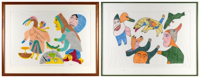 TWO WORKS BY FRANCOISE OKLAGA (NUNAVUT, CANADA, 1924-1991) 20th Century Color lithographs, 24" x