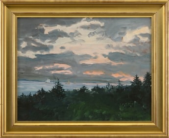 RACKET (WARREN) SHREVE (Massachusetts, 1944-), Sailboat off the coast, possibly Maine., Oil on