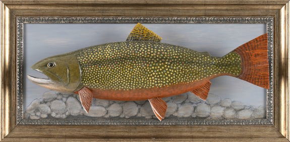 JUNE NOLL (Massachusetts, Contemporary), Carving of brook trout., Length 19". Framed 11" x 23".