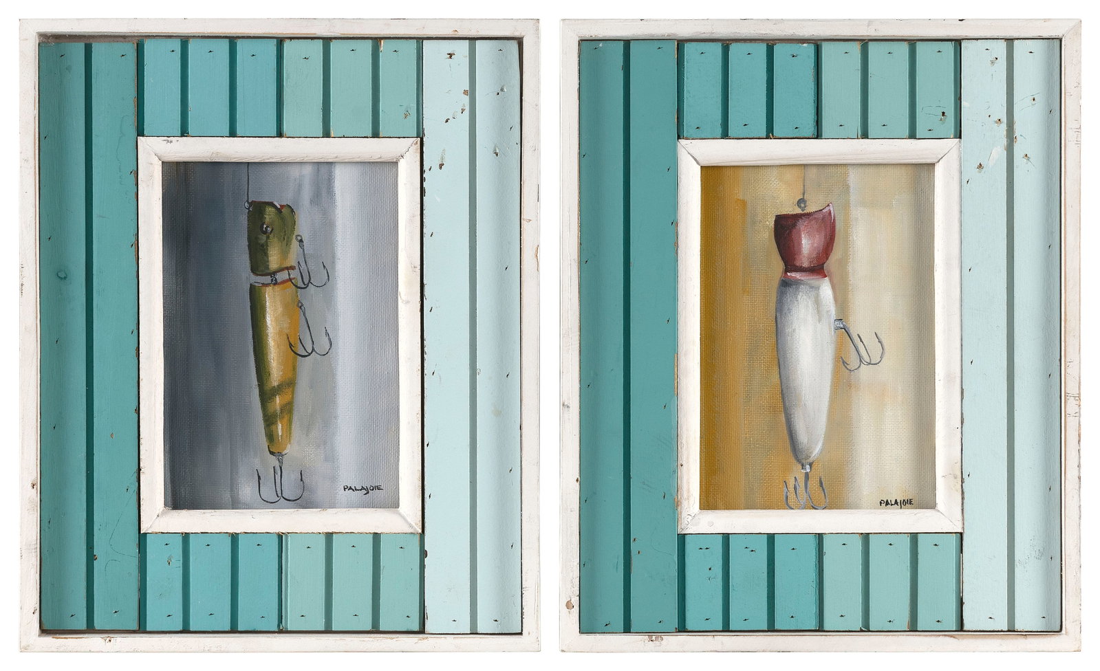 PETER ARMAND LAJOIE (Massachusetts, Contemporary), Lures, I and II., Oils on canvas board, 7" x 5".: PETER ARMAND LAJOIE Massachusetts, Contemporary Lures, I and II. Both signed lower right "P.A. Lajoie". Oils on canvas board, 7" x 5". Framed 11.5" x 9.5".