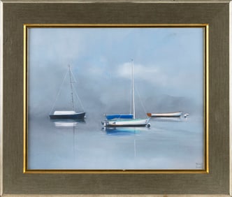 YASEMIN KYRENA TOMAKAN (Connecticut/Massachusetts/Turkey, 1958-), "Sailboats at Rest, #1"., Oil on