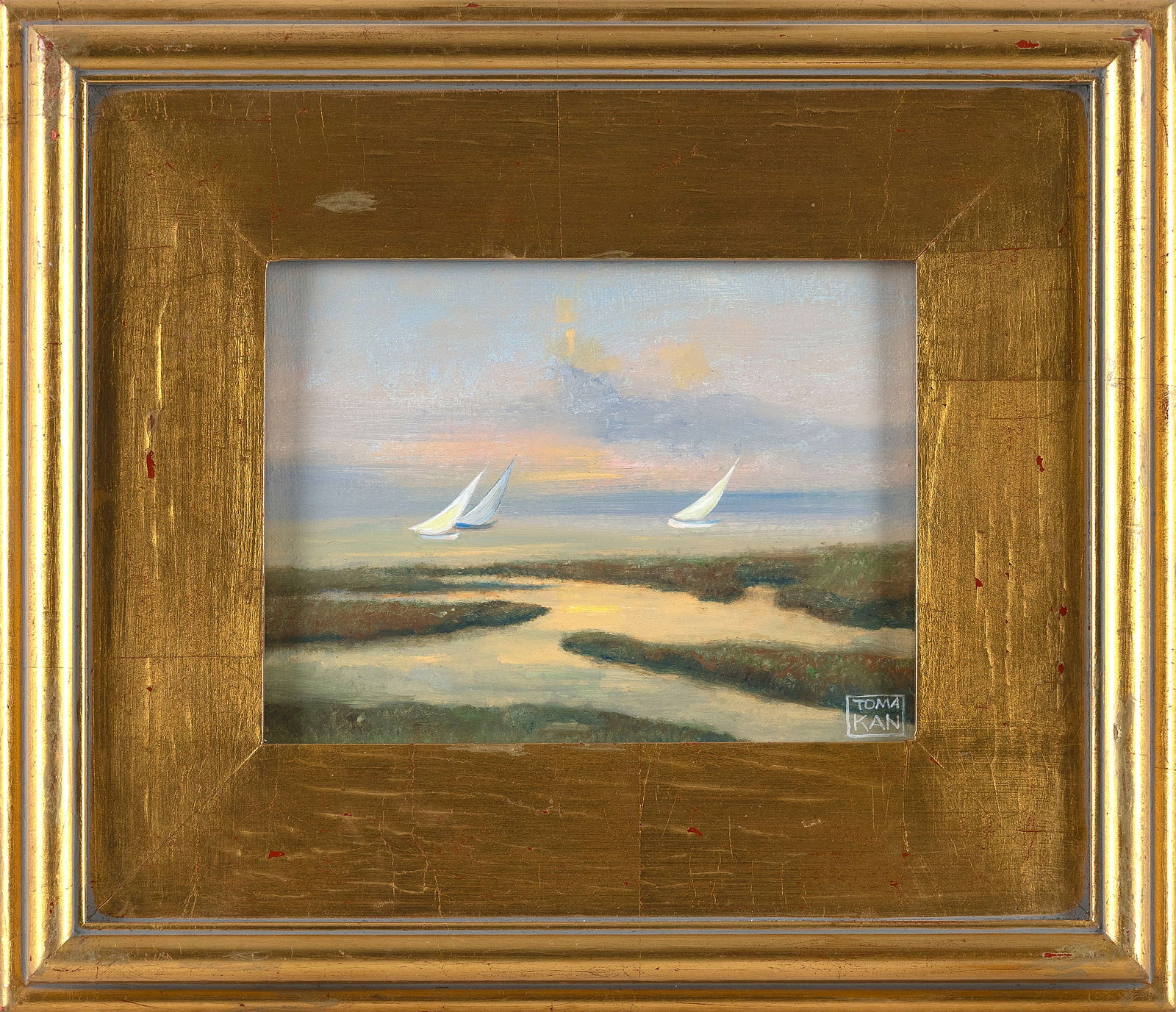 YASEMIN KYRENA TOMAKAN (Connecticut/Massachusetts/Turkey, 1958-), "Sunset Sail, Marshes, Nantucket",: YASEMIN KYRENA TOMAKANConnecticut/Massachusetts/Turkey, 1958-"Sunset Sail, Marshes, Nantucket", 2024. Signed lower right "Yasemin Tomakan".Oil on panel, 6" x 8". Framed 11.75" x 13.75".