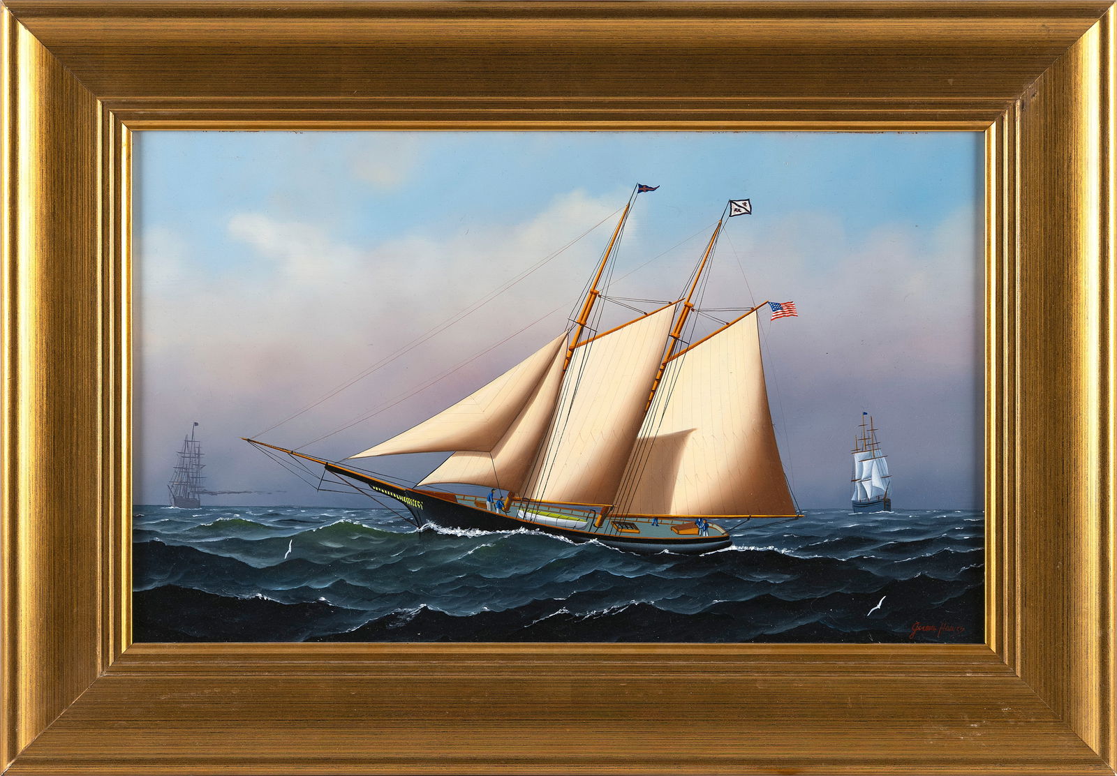 JEROME HOWES (New York/Massachusetts, 1955-), Two-masted schooner under sail., Oil on masonite, 12": JEROME HOWESNew York/Massachusetts, 1955-Two-masted schooner under sail. Signed lower right "J. Howes".Oil on masonite, 12" x 20". Framed 17.5" x 25.5". Provenance:The Artist.Private Collector, Cap