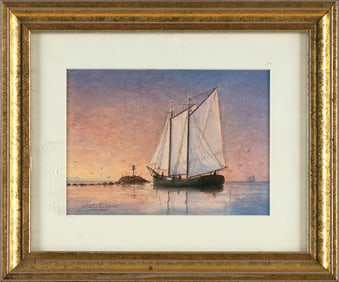 JOHN HUTCHINSON (Massachusetts, 1934-), "Off Nantucket"., Watercolor on paper, 5" x 7". Framed 9.5"
