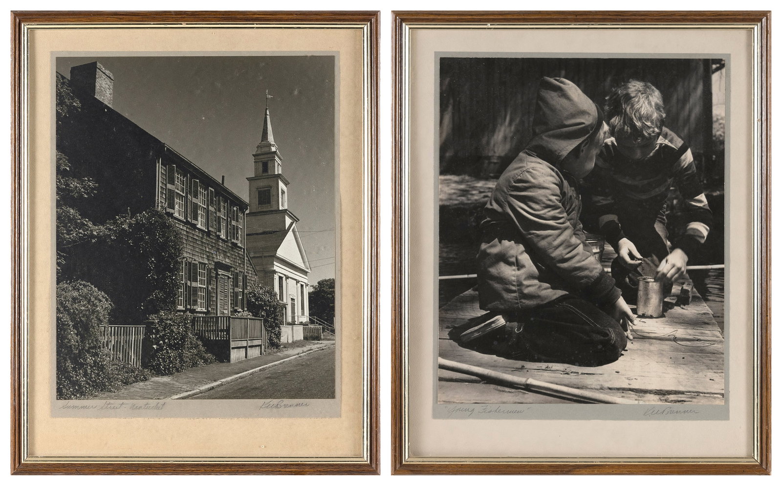 TWO VINTAGE BLACK AND WHITE PHOTOGRAPHS BY K.W. BRENNER 16.5" x 13.5" sight. Framed 22" x 17".: TWO VINTAGE BLACK AND WHITE PHOTOGRAPHS BY K.W. BRENNER "Young Fisherman" and "Summer Street Nantucket". Titled verso. 16.5" x 13.5" sight. Framed 22" x 17".