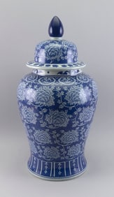 CHINESE BLUE AND WHITE PORCELAIN COVERED TEMPLE JAR 20th Century Height 26".