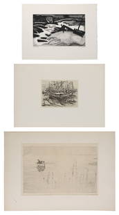 THREE NAUTICAL WORKS 20th Century Sheets from 8.75" x 11" to 13" x 18". Unframed.: THREE NAUTICAL WORKS20th Century1) Drypoint of two anglers by Anton Forster. Signed in pencil lower right.2) Etching and aquatint "Mollieres" by Jacques Raimondot. Published by Galerie des Peintres-Gr