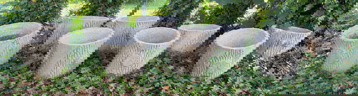 EIGHT FRENCH CANADIAN CAST CONCRETE FAUX BOIS PLANTERS, 20th Century Heights 15". Diameters 16".: EIGHT FRENCH CANADIAN CAST CONCRETE FAUX BOIS PLANTERS20th CenturyHeights 15". Diameters 16".