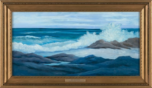 BEN PAULEKAS (Massachusetts, 1915-2004), "Rolling surf, Cape Ann"., Oil on board, 11" x 22". Framed