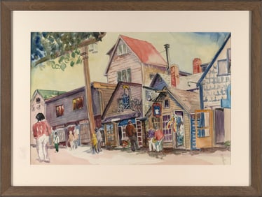 MARGE MILLS (Massachusetts, 1932-1996), Street scene, Bearskin Neck., Watercolor on paper, 19" x 29"
