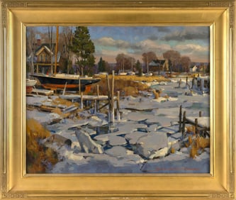 DONALD ALLEN MOSHER (Massachusetts, 1945-2014), "Winter's End, Essex, Massachusetts"., Oil on