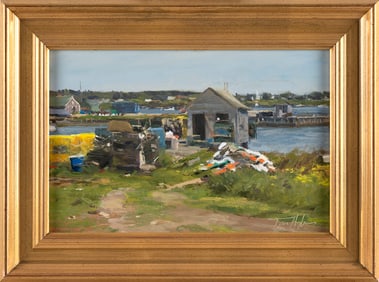 TOM HUGHES (Massachusetts, 1965-), "Fish House, Beals Island"., Oil on board, 8" x 12". Framed 11.5"
