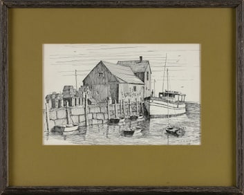C.M. (CLARK) GOFF (Massachusetts, 20th Century), Motif #1., Pen and ink on paper, 7" x 11" sight.