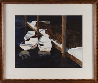 RAYMOND E. ANDREOTTI (Massachusetts, 1940-2023), Boats at dock., Watercolor on paper, 17.75" x 23"