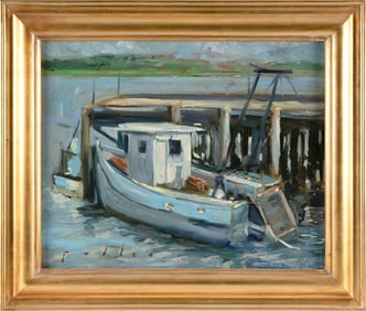 M. PULLEN (America, Contemporary), Fishing boat at dock., Oil on canvas, 16" x 20". Framed 21" x