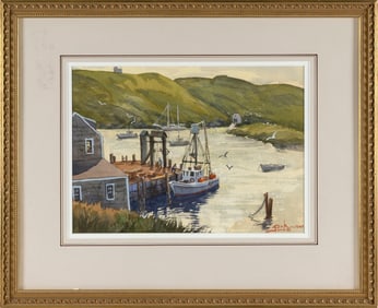 JACK JONES (Massachusetts, 1940-2011), "Monhegan Island Dock"., Watercolor, 9.5" x 13.25" sight.