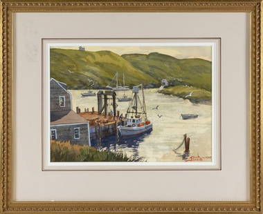 JACK JONES (Massachusetts, 1940-2011), "Monhegan Island Dock"., Watercolor, 9.5" x 13.25" sight.: JACK JONESMassachusetts, 1940-2011"Monhegan Island Dock". Signed lower right "Jack Jones I.S.M.P.".Watercolor, 9.5" x 13.25" sight. Framed 17.25" x 21.25".