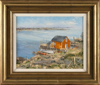RUTH WAITE (Massachusetts, 1932-1992), "New Harbor"., Oil on canvas, 14" x 18". Framed 22" x 26".