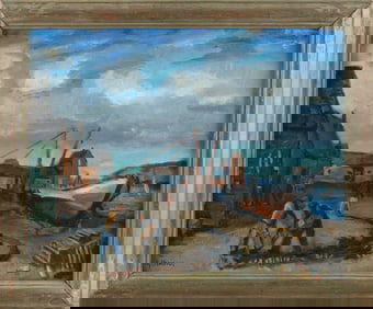 GERRIT HONDIUS (New York, 1891-1970), Working the nets., Oil on board, 16" x 20". Framed 19.5" x